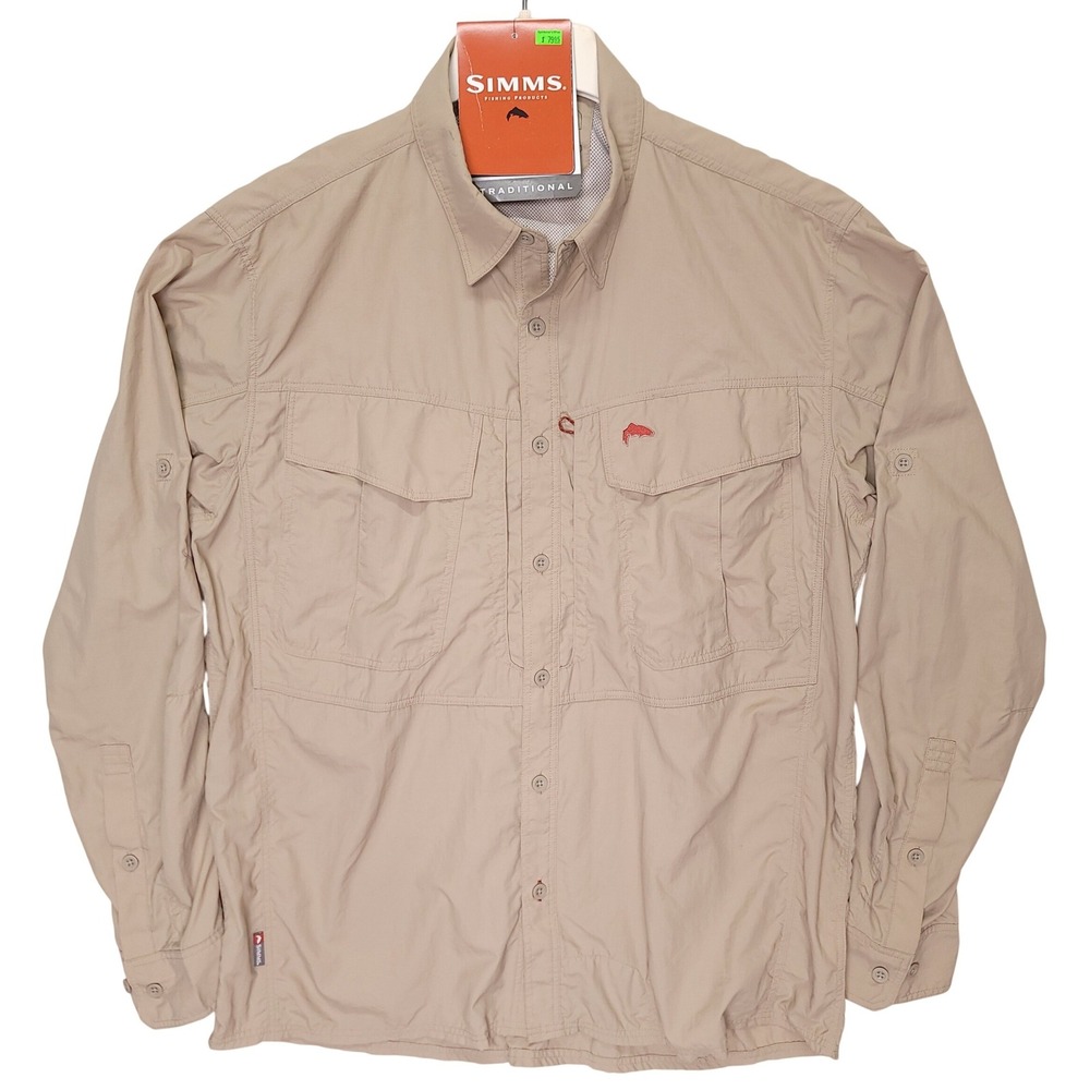 Simms Guide LS Shirt Mens Large Cork Tan Fishing UPF 50 Long Sleeve Button Down